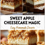 Golden Apple Crisp Cheesecake Bars with crumb topping and creamy Vanilla Bean Cheesecake layers on a rustic table.